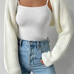 Women Sweater Shrug Solid Color Puff Long Sleeve Cardigan Knit Crop Tops Autumn Winter Vintage Outerwear Fashion Gothic Y2K